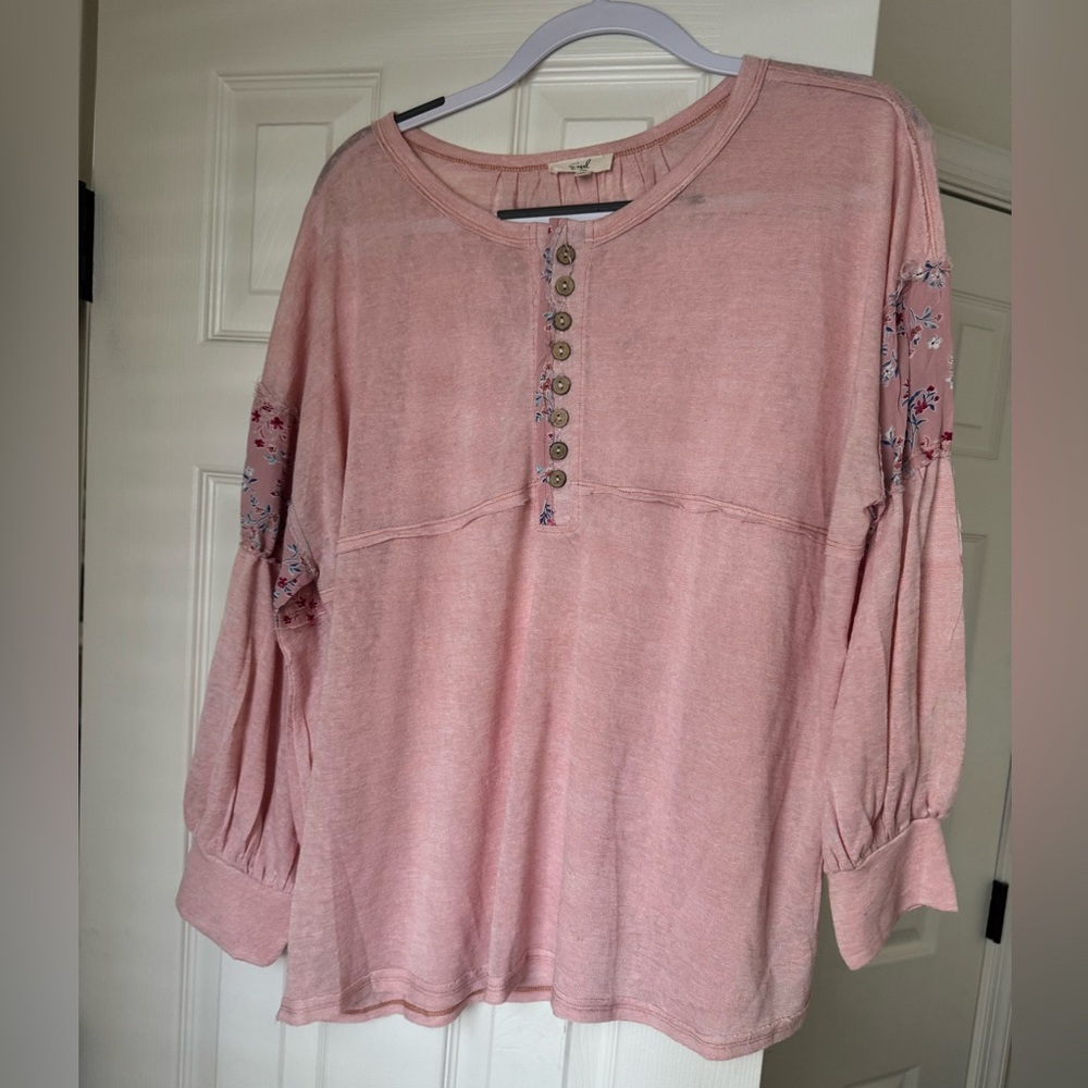 Easel Pink Floral Accent Henley Top